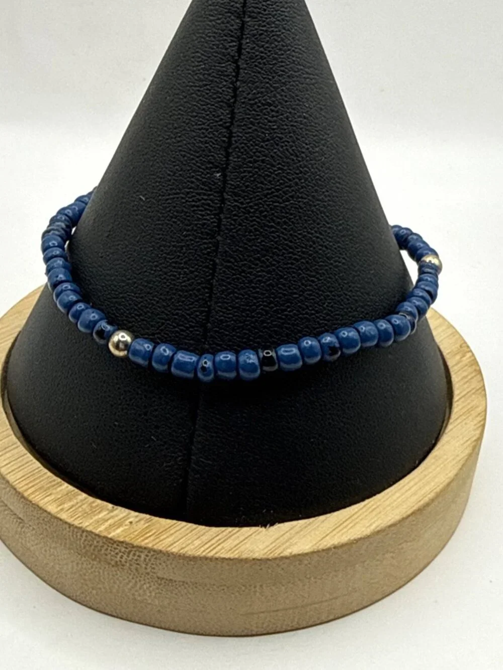Dainty Deep Blue Lapis Seed Bead Bracelet Gold Accent Minimalist Boho Stackable - Picture 3 of 3
